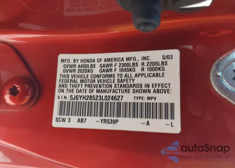 2003 Honda Element Ex из США, поврежденный, VIN 5J6YH28523L024627
